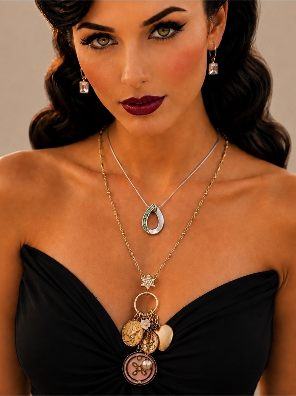 🛍️ Lia Sophia Green Teardrop Necklace & CABI Gold Coin Charm Necklace | Set 2